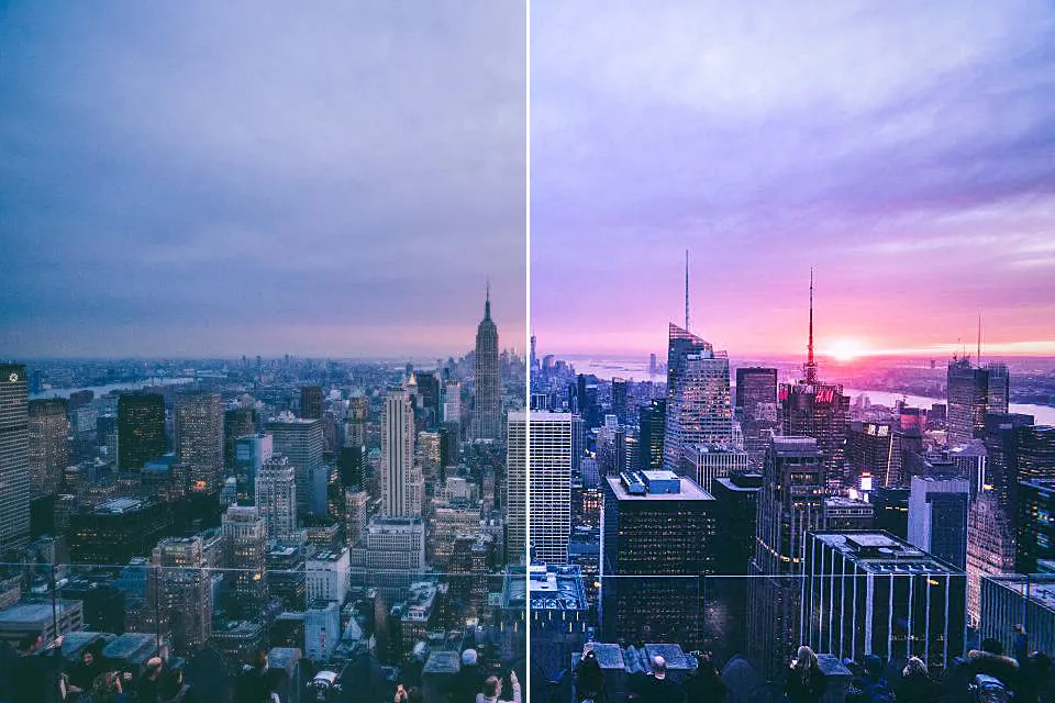 Before and after: Newyork Nyc, original vs GoldenHour CCD 2000 look