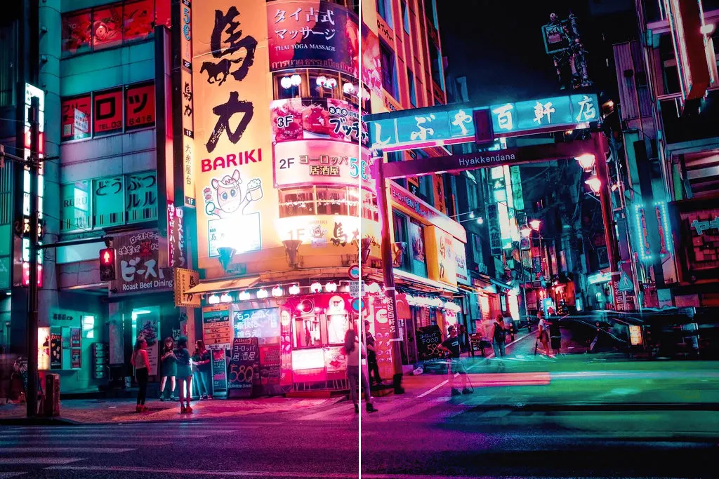Before and after: Tokyo Street, nightlife. View, original vs GoldenHour CineStill 800T look