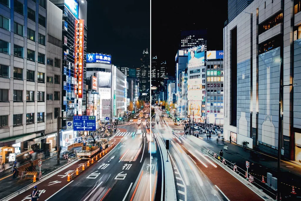 Before and after: View Tokyo streets night trails, original vs GoldenHour CineStill 800T look
