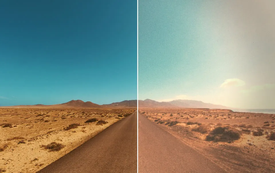 Before and after: Desert Road, original vs GoldenHour Expired film look