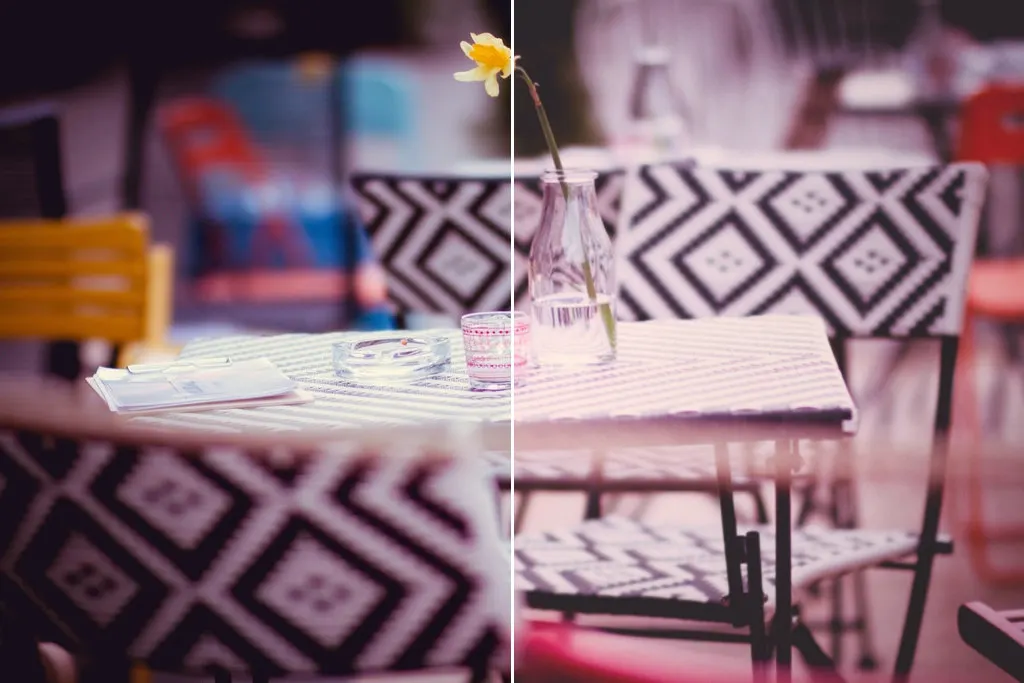Before and after: Free flower vase table photo, original vs GoldenHour Fuji Astia Pastel look