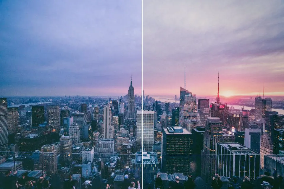 Before and after: Newyork Nyc, original vs GoldenHour Fuji C200 look