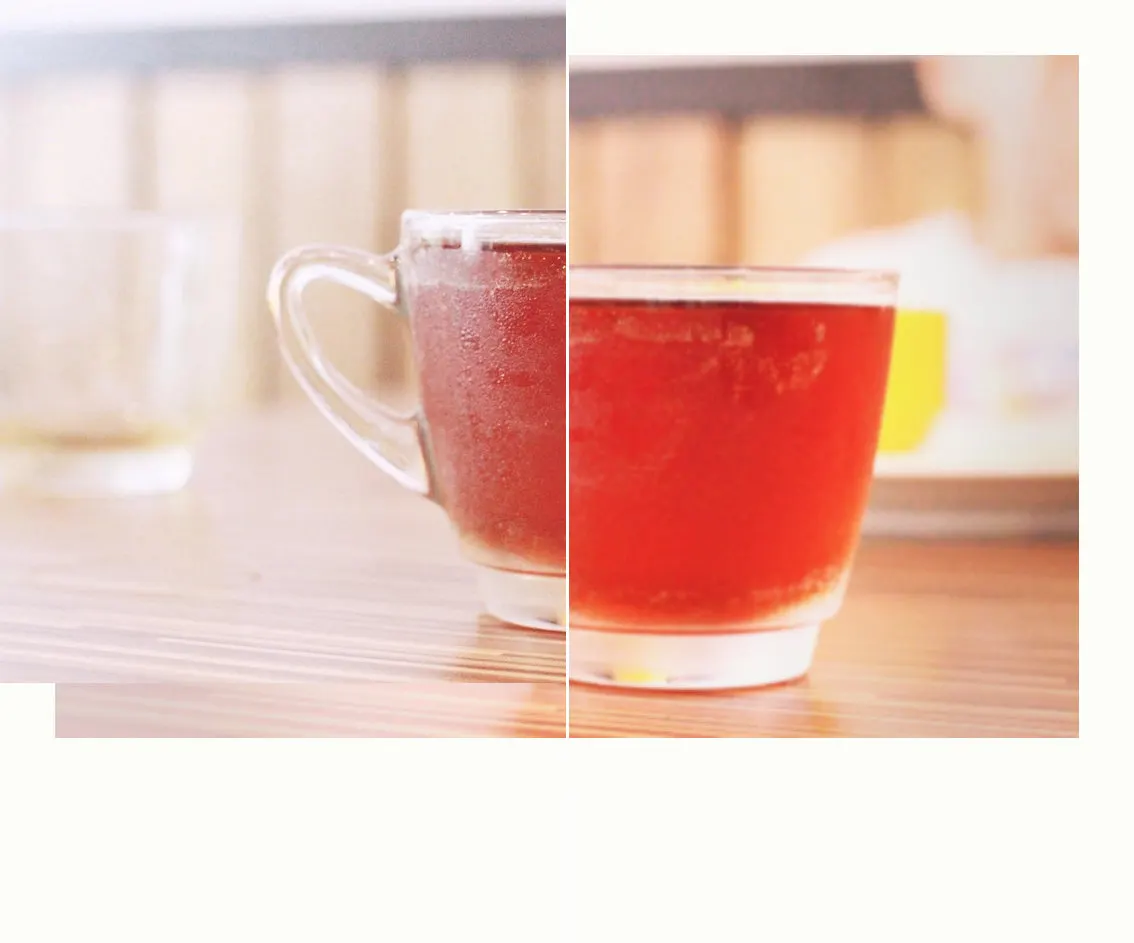 Before and after: Coffee cup table, original vs GoldenHour Fuji Instax Mini look