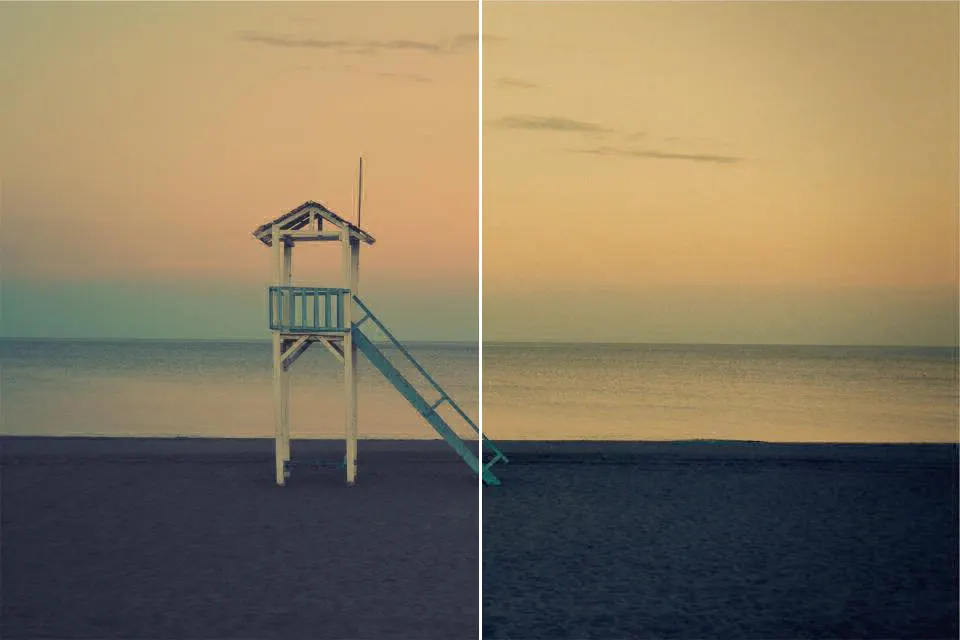 Before and after: Beach Sunset, original vs GoldenHour Fuji Pacific 78 look