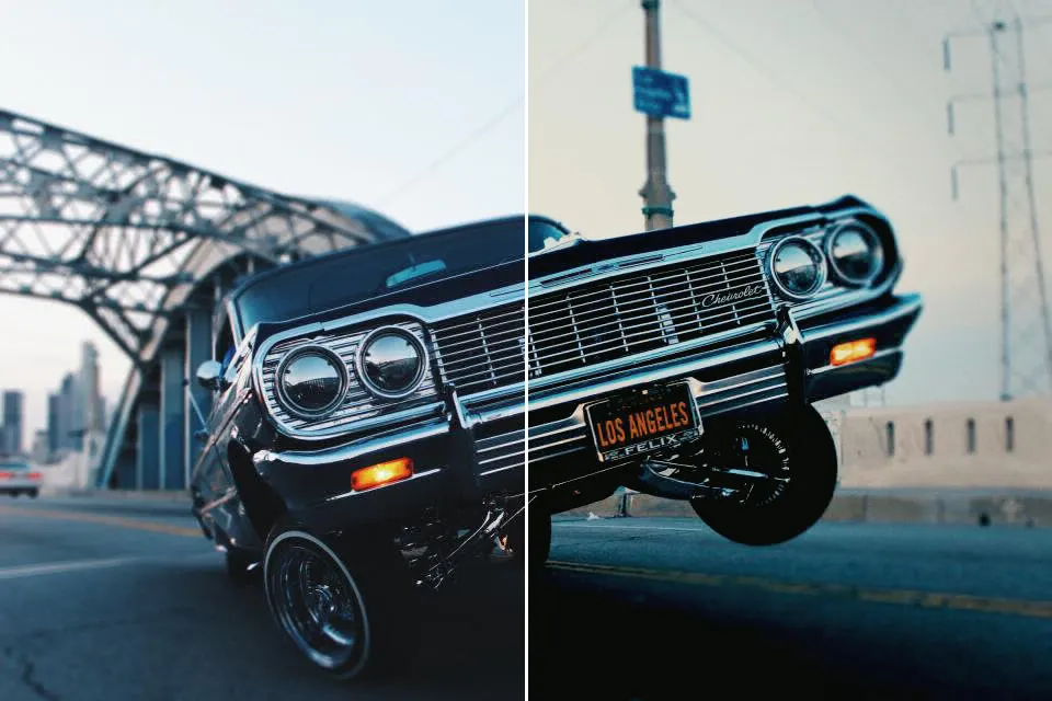 Before and after: Car Lowrider, original vs GoldenHour Fuji Superia 400 look