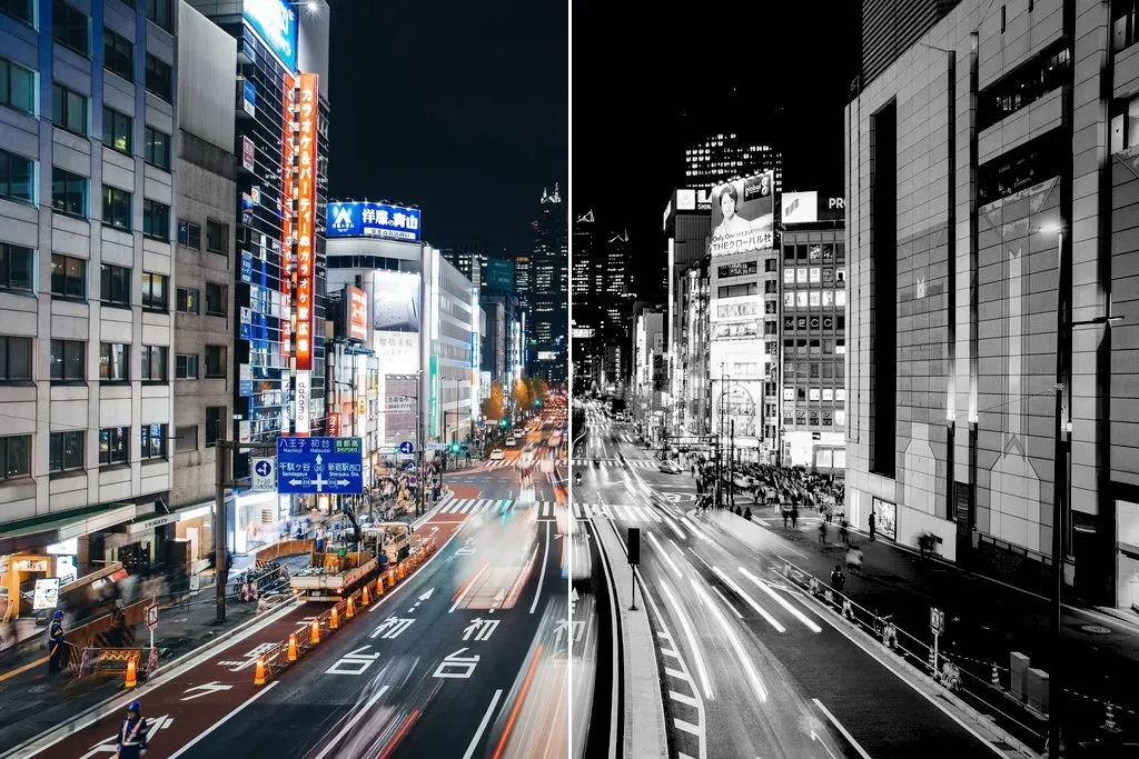 Before and after: View Tokyo streets night trails, original vs GoldenHour Ilford HP5 Plus look