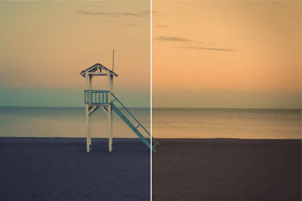 Before and after: Beach Sunset, original vs GoldenHour Kodak Gold 200 look
