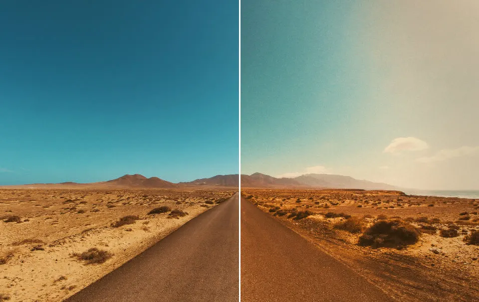 Before and after: Desert Road, original vs GoldenHour Kodak Gold 200 look