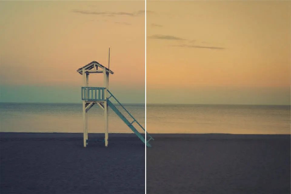Before and after: Beach Sunset, original vs GoldenHour Kodak Portra 400 look