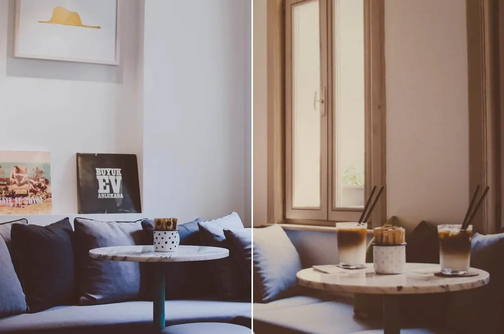 Before and after: Tables cushions cafe interior Istanbul, original vs GoldenHour Kodak Portra 400 look