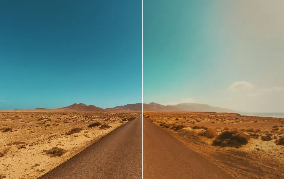 Before and after: Desert Road, original vs GoldenHour Kodak Portra 400 look