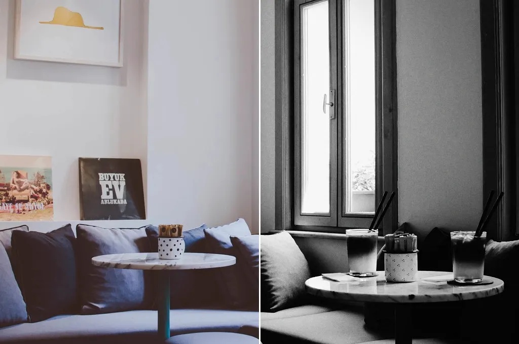 Before and after: Tables cushions cafe interior Istanbul, original vs GoldenHour Kodak Tri-X 400 look