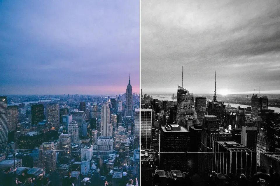 Before and after: Newyork Nyc, original vs GoldenHour Kodak Tri-X 400 look