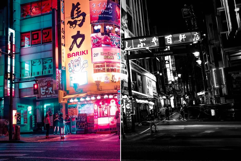 Before and after: Tokyo Street, nightlife. View, original vs GoldenHour Kodak Tri-X 400 look