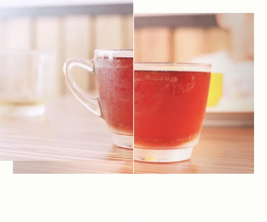 Before and after: Coffee cup table, original vs GoldenHour Polaroid 600 look