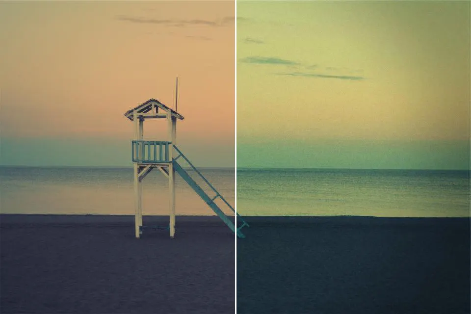 Before and after: Beach Sunset, original vs GoldenHour Disposable camera (QuickSnap 800) look