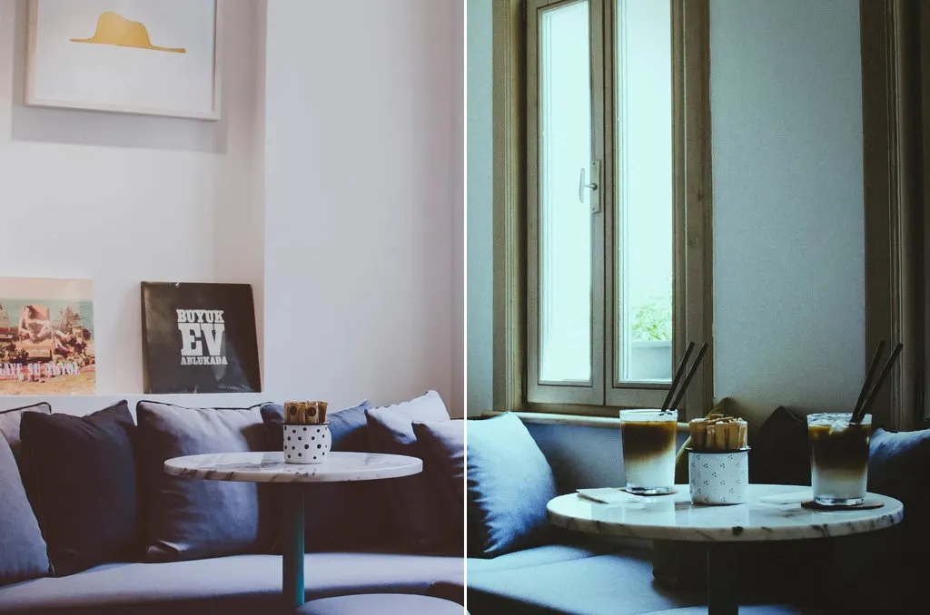 Before and after: Tables cushions cafe interior Istanbul, original vs GoldenHour Disposable camera (QuickSnap 800) look