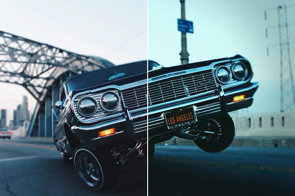 Before and after: Car Lowrider, original vs GoldenHour Disposable camera (QuickSnap 800) look