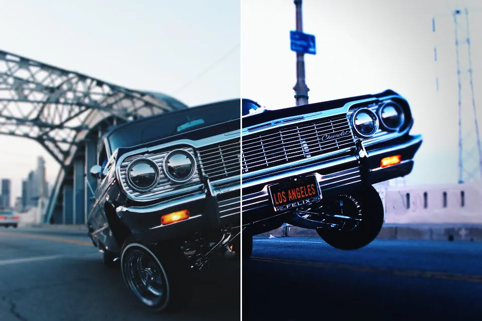 Before and after: Car Lowrider, original vs GoldenHour Y2K Cyber Flash look