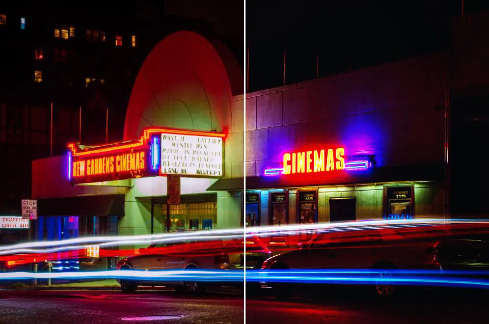 Before and after: Architecture Building, original vs GoldenHour Y2K Cyber Flash look